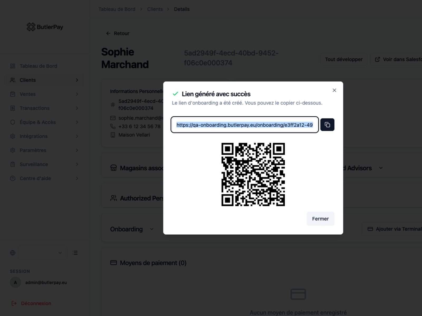 ButlerPay onboarding — QR code dialog for client consent and card tokenization