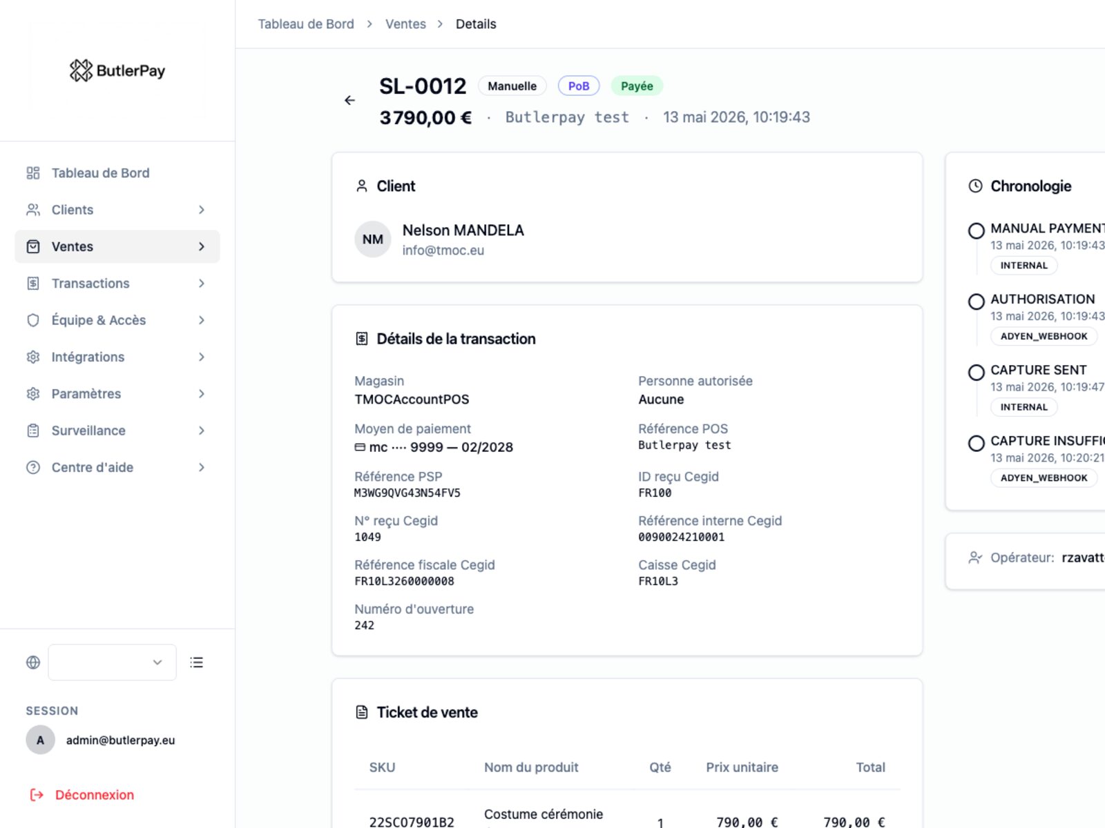 ButlerPay sale detail — Cegid ticket, PSP references, and payment chronology