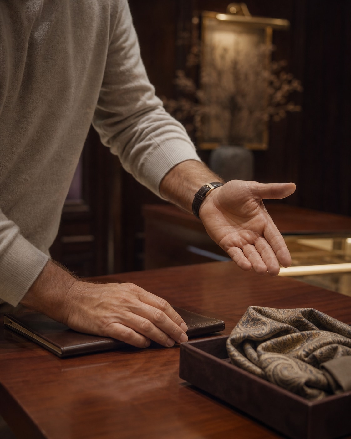 Advisor's hands on a polished wood counter, presenting a leather wallet and silk paisley scarf in an upscale boutique