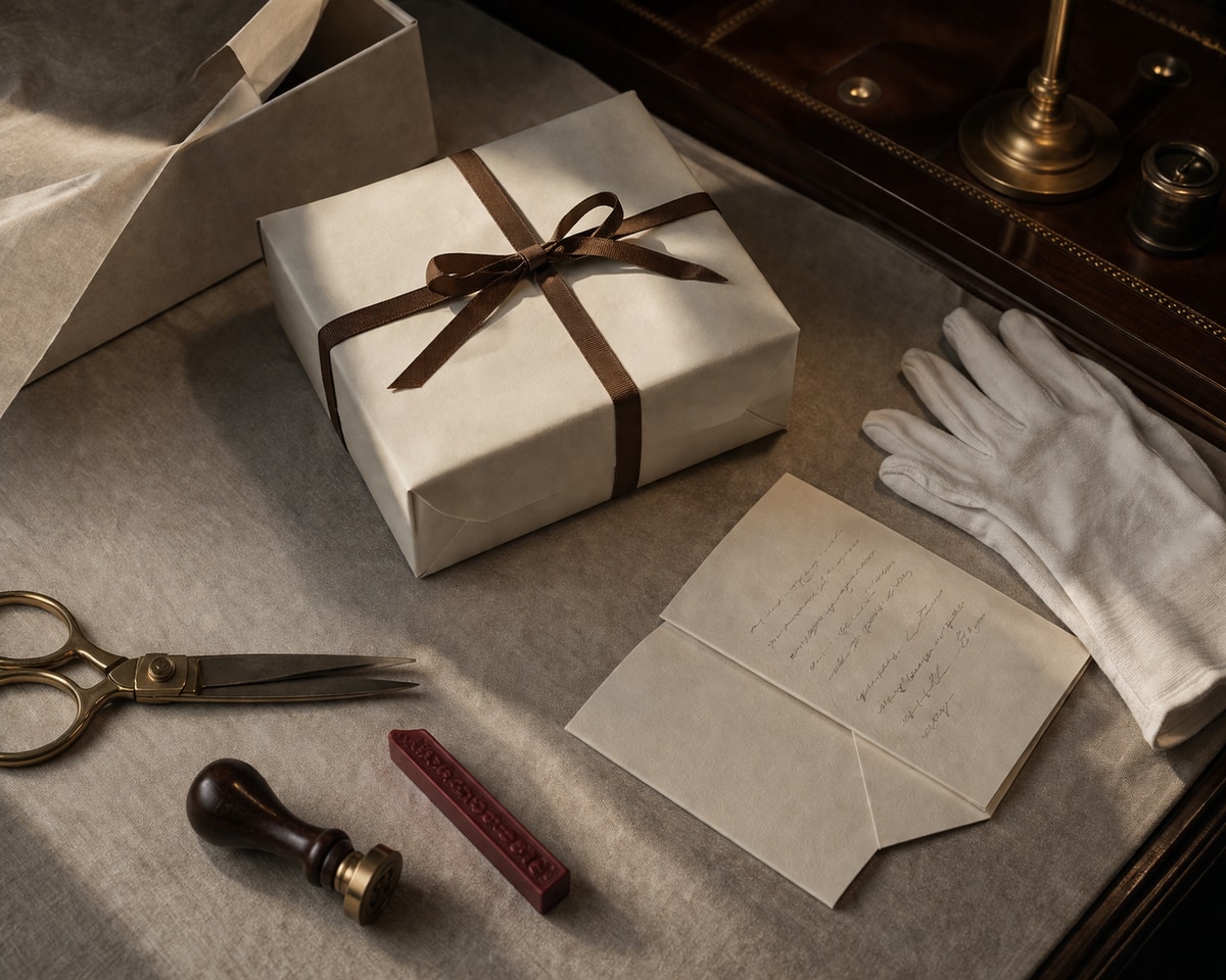Wrapped package with brown ribbon on linen surface, with handwritten note, white gloves, tailor's scissors and wax seal