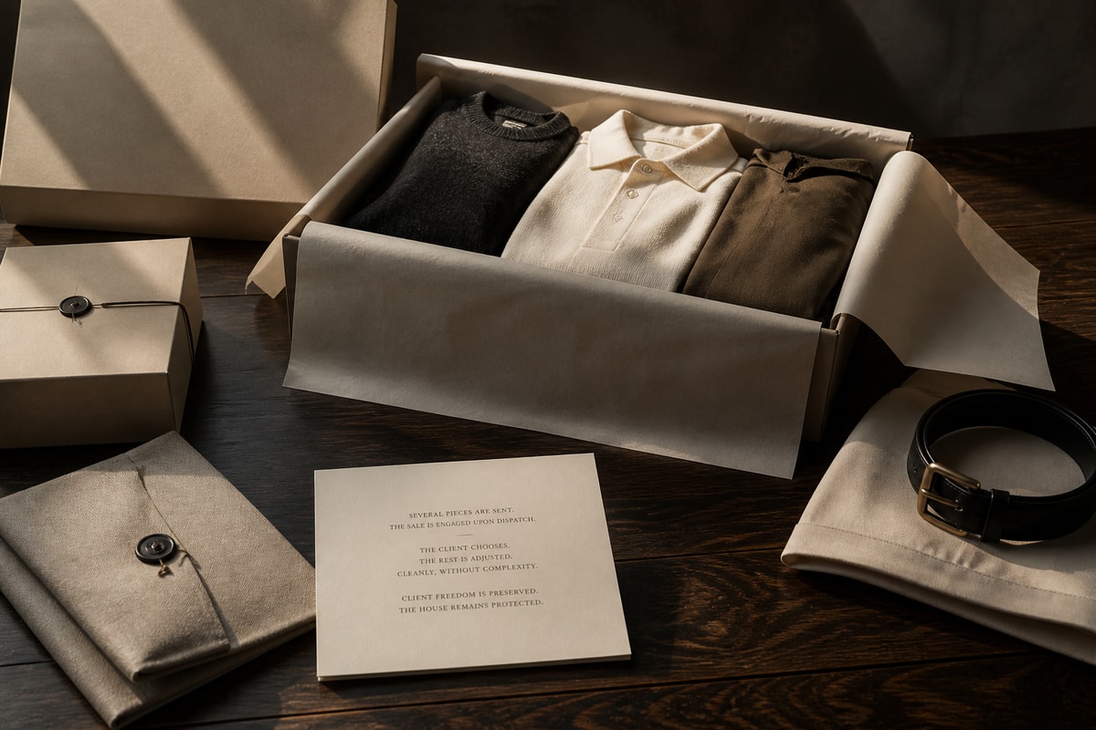 Several garments folded inside an open delivery box, with an envelope and printed card on a dark wooden surface